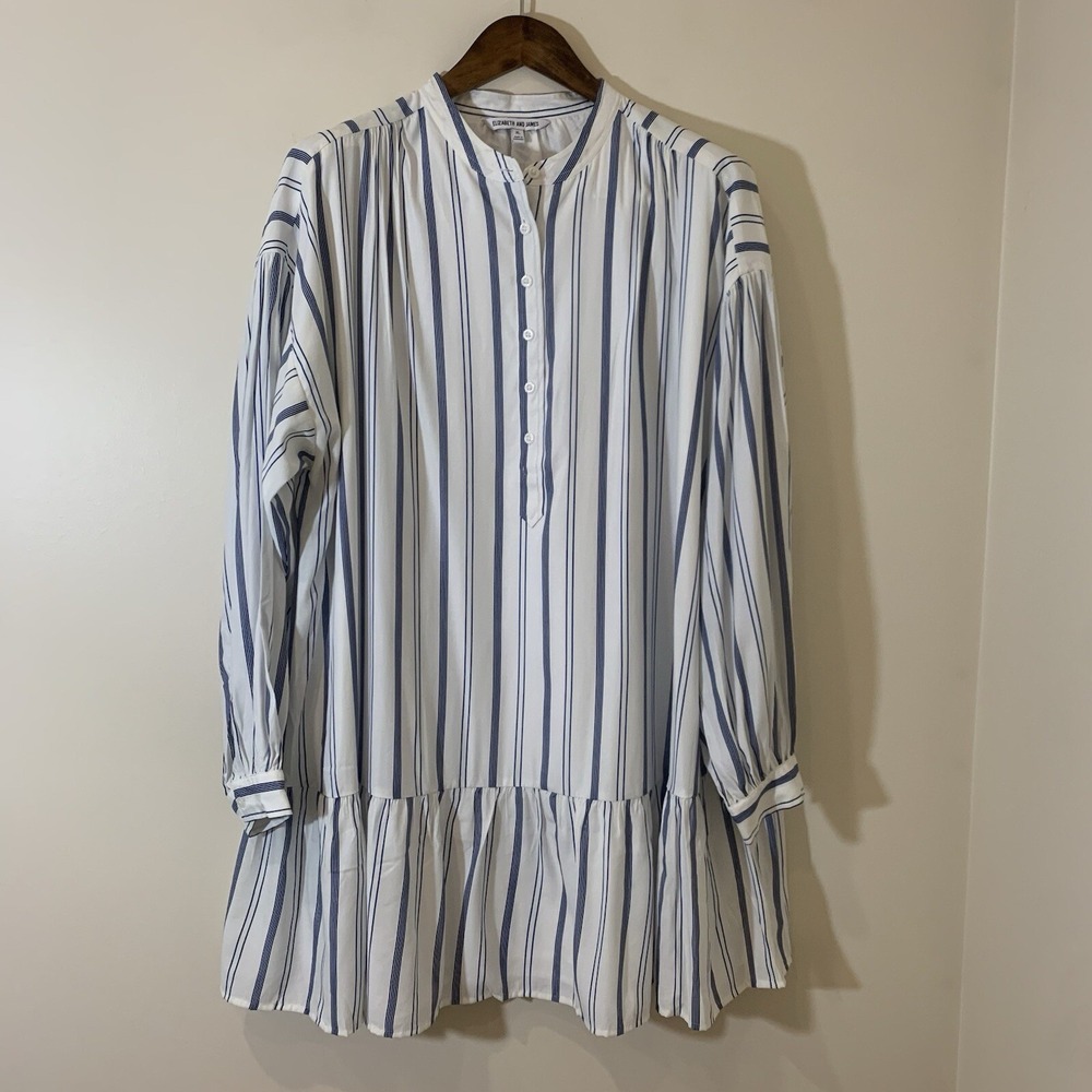 Elizabeth‎ and James Womens Shift Dress White Striped Ruffle Beachy Coastal